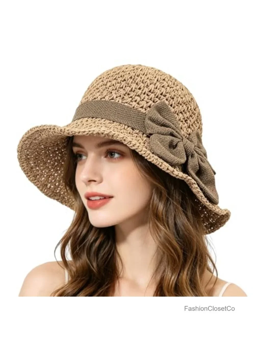 Handcrafted Woven Straw Sun Hat with Ruffled Bow - Foldable Travel Bucket Hat